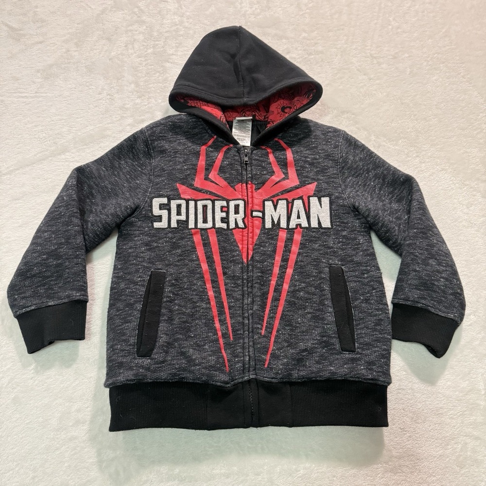 Marvel Spiderman Zipper Quilt Lined Hoodie Jacket Size 5/6 Gray